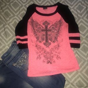Day trips Electric Pink Embellish 3/4 Sleeved Top